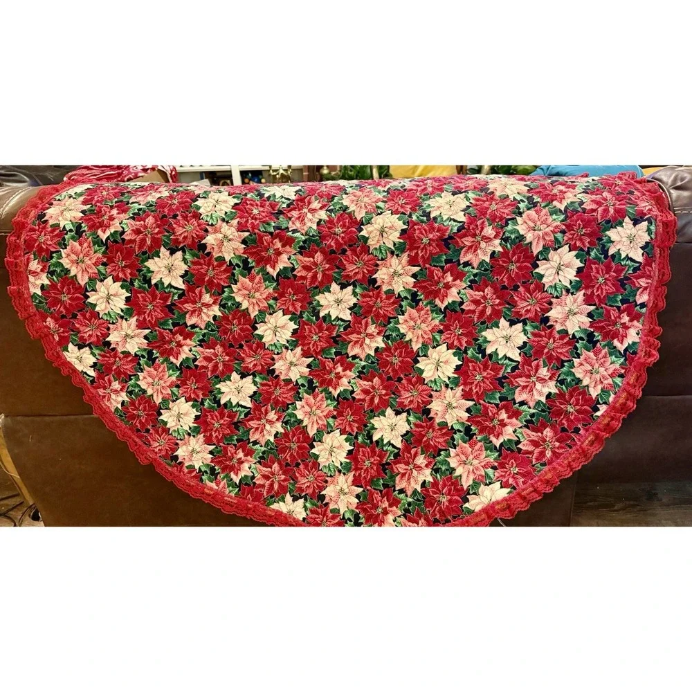 Vintage Reversible Quilted Christmas Table Topper Poinsettia Lace 45